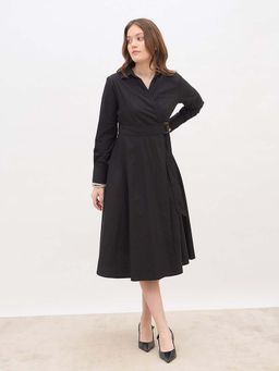 Styli - Women Black Collar Neck Wrap Solid Midi Dress