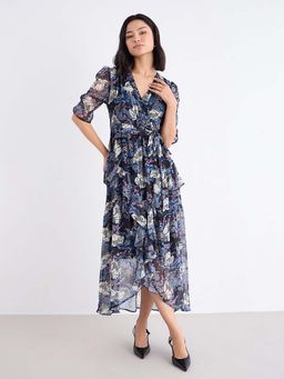 Styli - Women Black A-Line Short Sleeves Printed Maxi Dress