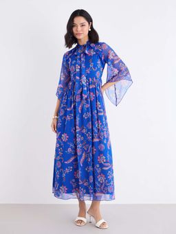 Styli - Women Blue Floral Tie-Up Neck Flared Sleeves A-Line Dress