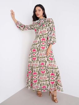 Styli - Women White Floral Tie-Up Neck Flared Sleeves A-Line Dress