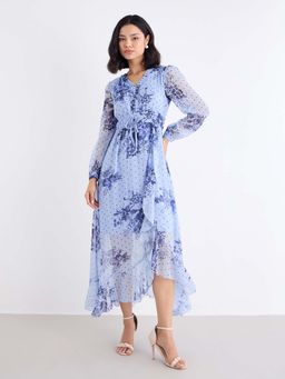 Styli - Women Blue Floral V-Neck Puff Sleeves A-Line Dress