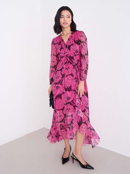 Styli - Women Pink Wrap Ruffle Detail Printed Maxi Dress