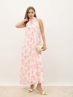 Styli - Women White Floral Halter Neck Sleeveless A-Line Dress