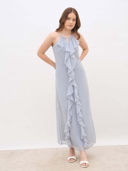 Styli - Women Grey Halter Neck Detail A-Line Maxi Dress