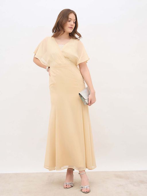 Styli Women Cream Sequin Half Sleeves A-Line Maxi Dress