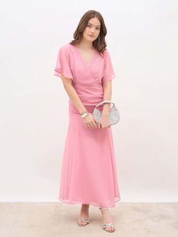 Styli - Women Pink Sequin Half Sleeves A-Line Maxi Dress