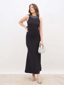Styli - Women Black Embellished Halter Neck A-Line Maxi Dress