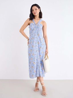 Styli - Women Blue Halter Neck A-Line Sleeveless Printed Midi Dress