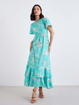 Styli - Women Green A-Line Printed Short Sleeves Maxi Dress