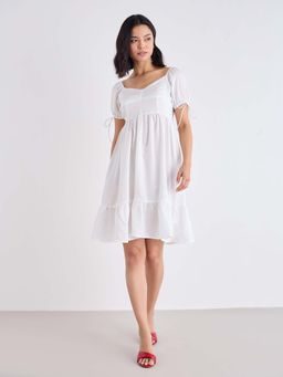 Styli - Women White Puff Sleeves A-Line Knee Length Dress
