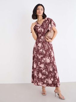 Styli - Women Brown Floral V-Neck Flutter Sleeves Fit & Flare Dress