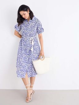 Styli - Women Blue Floral Shirt Collar Roll-Up Sleeves Shirt Dress with Belt