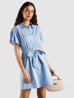 Tommy Hilfiger - Blue Cotton Spread Collar Shirt Dress with Belt