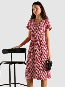 Tommy Hilfiger - Red Polyester V-Neck A-Line Dress