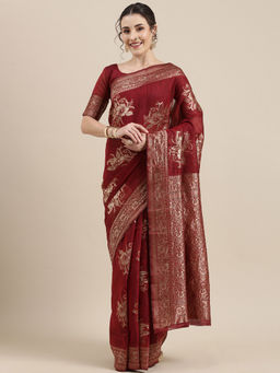 Sareemall - Womens Linen Maroon Woven Design Woven Saree with Unstitched Blouse
