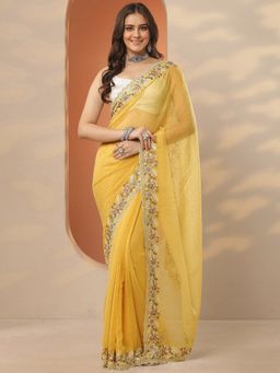 Libas - Yellow Embroidered Saree with Unstitched Blouse