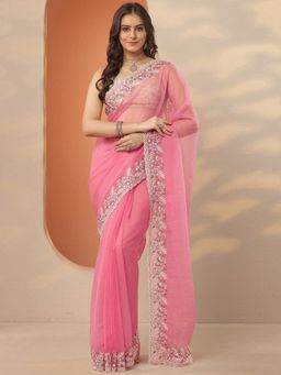 Libas - Coral Embroidered Saree with Unstitched Blouse