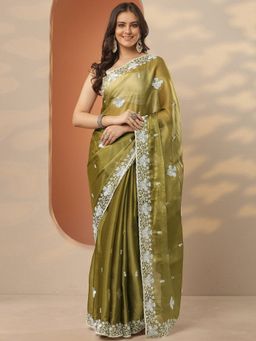 Libas - Green Embroidered Saree with Unstitched Blouse