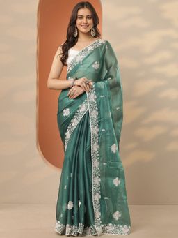 Libas - Green Embroidered Saree with Unstitched Blouse
