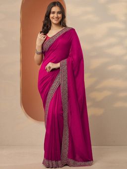 Libas - Pink Embroidered Saree with Unstitched Blouse
