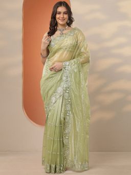 Libas - Green Embroidered Saree with Unstitched Blouse