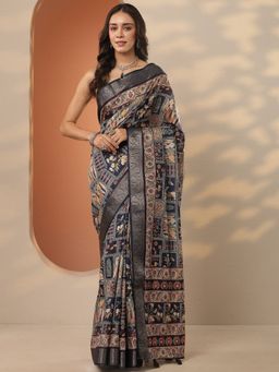 Libas - Navy Blue Printed Saree with Unstitched Blouse