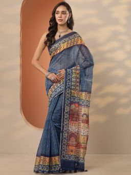 Libas - Blue Printed Saree with Unstitched Blouse