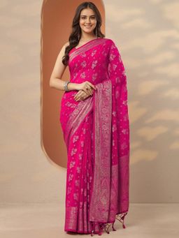 Libas - Pink Woven Saree with Unstitched Blouse