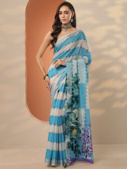 Libas - Blue Printed Saree with Unstitched Blouse