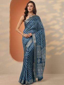 Libas - Navy Blue Printed Saree with Unstitched Blouse