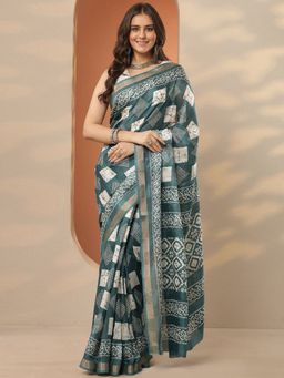 Libas - Green Printed Saree with Unstitched Blouse