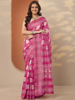 Libas - Pink Printed Saree with Unstitched Blouse