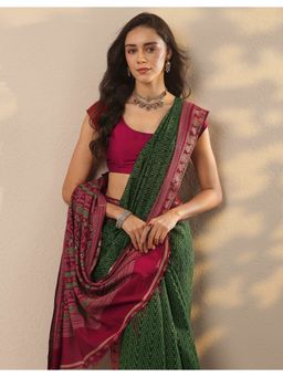 Libas - Green Printed Saree with Unstitched Blouse