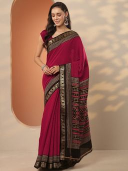 Libas - Red Printed Saree with Unstitched Blouse