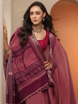 Libas - Brown Printed Saree with Unstitched Blouse