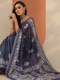 Libas - Blue Printed Saree with Unstitched Blouse