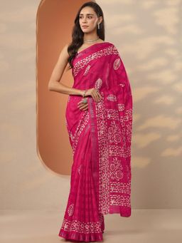 Libas - Pink Printed Saree with Unstitched Blouse