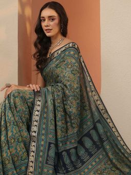 Libas - Teal Printed Saree with Unstitched Blouse