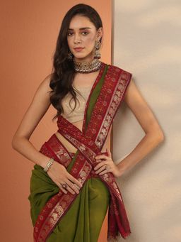 Libas - Green Printed Saree with Unstitched Blouse