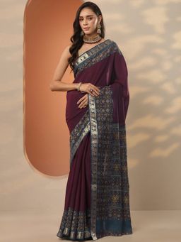 Libas - Maroon Printed Saree with Unstitched Blouse
