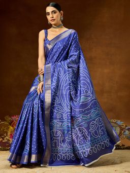 Janasya - Blue Printed Saree with Unstitched Blouse