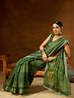 Janasya - Green Printed Saree with Unstitched Blouse