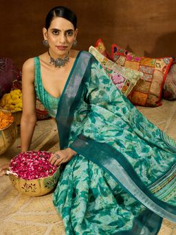 Janasya - Turquoise Abstract Saree with Unstitched Blouse