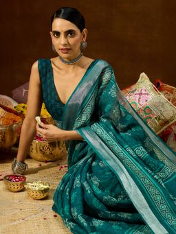 Janasya - Green Printed Saree with Unstitched Blouse