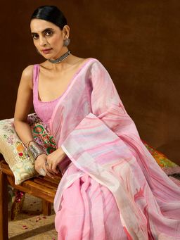 Janasya - Pink Abstract Saree with Unstitched Blouse