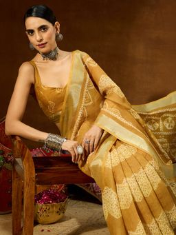 Janasya - Mustard Printed Saree with Unstitched Blouse