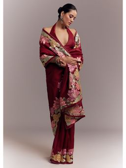 KALKI FASHION - Maroon Floral Saree with Unstitched Blouse