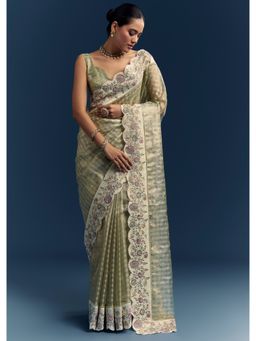 KALKI FASHION - Green Embroidered Saree with Unstitched Blouse