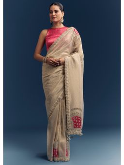 KALKI FASHION - Cream Embroidered Saree with Unstitched Blouse