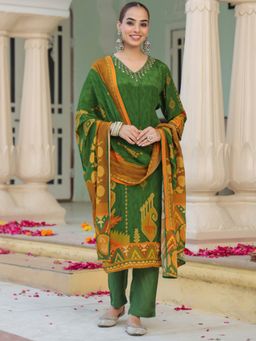 Rain & Rainbow - Green Printed Kurta with Pant and Dupatta